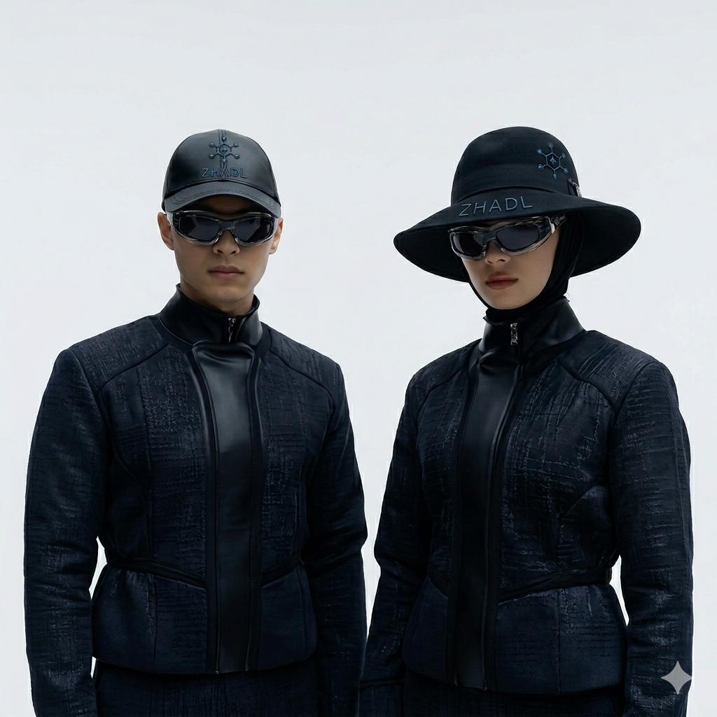 ZHADL Black Future Frame — model wearing futuristic black sunglasses, streetwear fashion
